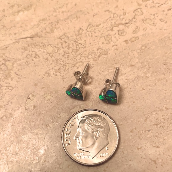 Sterling Silver Inlay Blue Lab Opal Heart Earrings - Picture 7 of 7